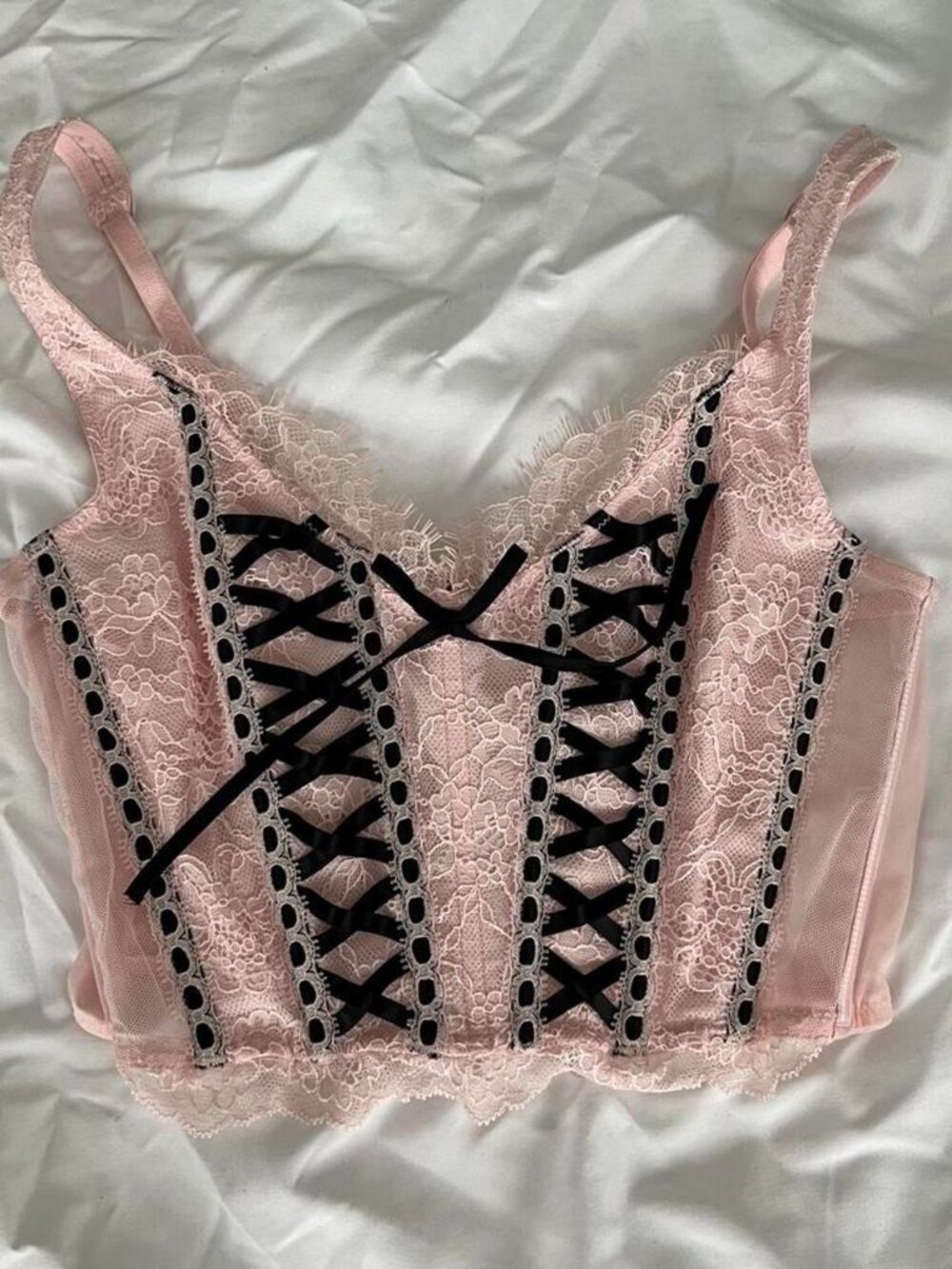 VICTORIA SECRET Pink lace corset top with black accents Size XS!